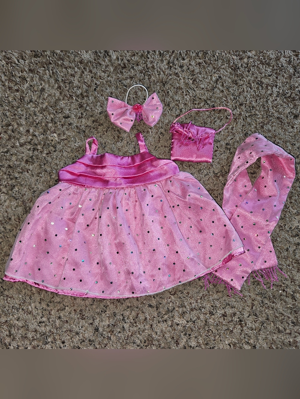 Build A Bear Pink Sparkle Dot Prom Dress Evening Gown With Accessories